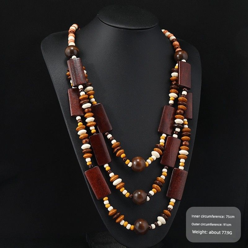 Retro Ethnic Style Wooden Necklace Fashion Style Bohemia Long Stylish Multi-Layer Sweater Chain Performance Accessories Women