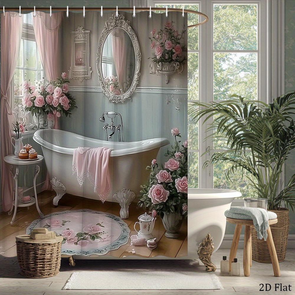 Luxuriöser Vintage Badezimmer Duschvorhang Blau Pastell Shabby Chic Dekor Wasserdichter Duschvorhang 180x180cm