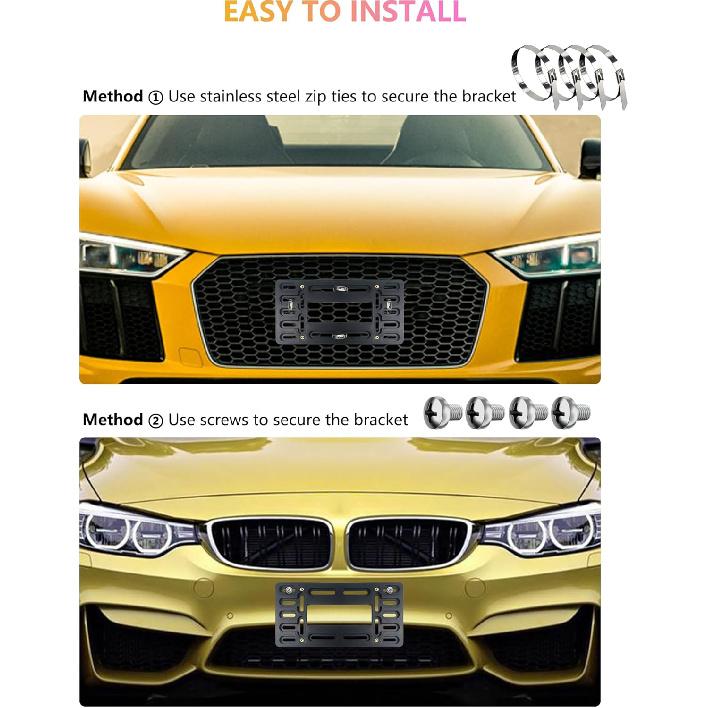 Front License Plate Holder Bracket - Black Universal ABS Mounting Kit Frame with Copper Thread, Screws & 4 Stainless Steel Ties for Front Bumper