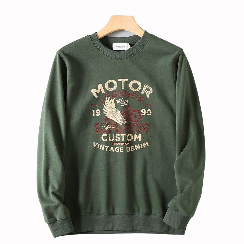 Men's Casual Printed Versatile Round-Neck Long-Sleeve Pullover Sweatshirt with Fleece Lining for Autumn and Winter, Export Surplus