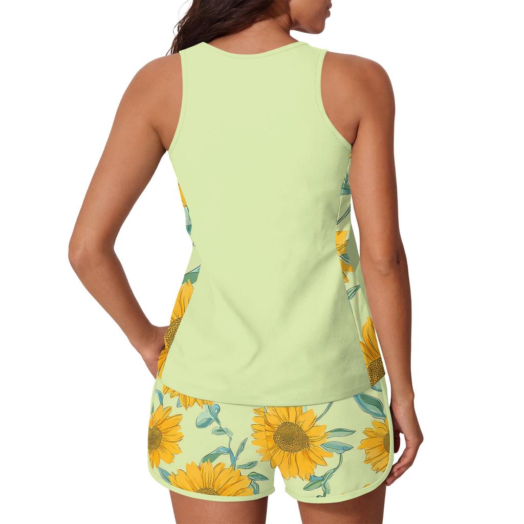 Women Tank Top and Shorts Set Floral Print Sleeveless Athletic Lounge Outfit Lightweight Soft Fabric Casual Wear