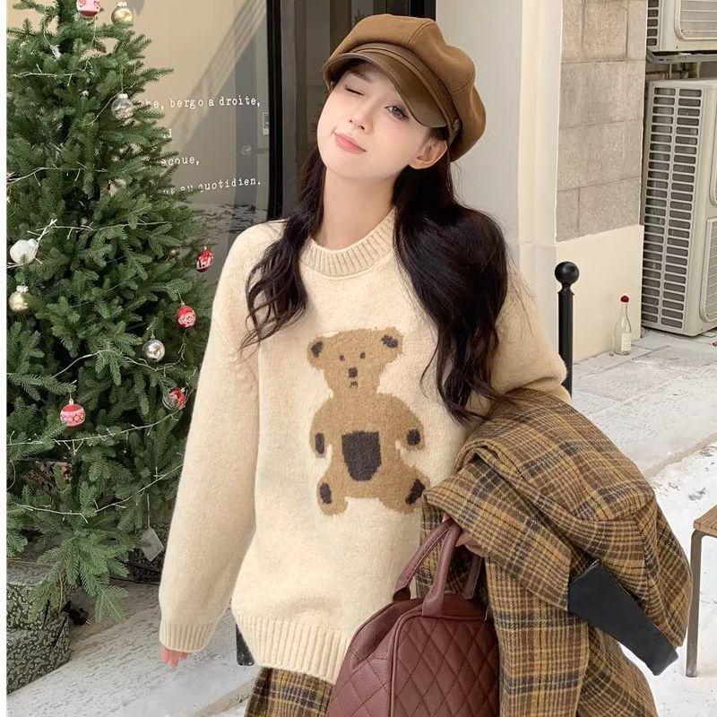 

Женский вязаный свитер в стиле ретро с плюшевым мишкой – Ленивый стиль, круглый вырез, длинные рукава, зимняя одежда M 48-55kg абрикосовый