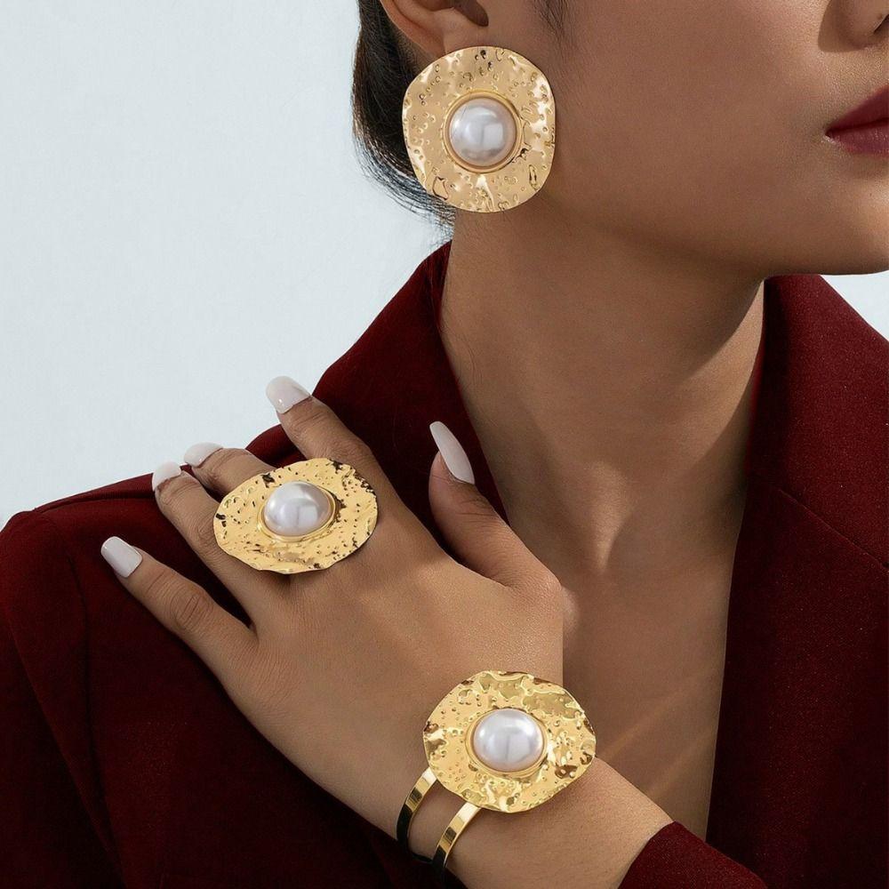 4Pcs Zinc Zinc Alloy Ring Earrings Bracelet Exaggerate Women Jewelry Suit Fashion Flower Jewelry Set Party