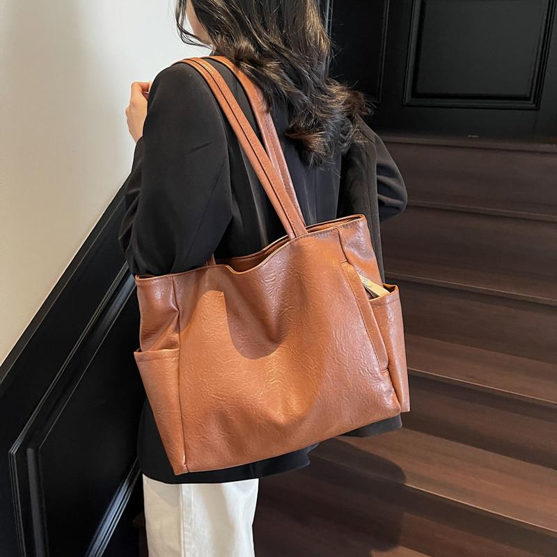 PU Shoulder Bag Women Solid Color Large Capacity Handbag Commuter Tote Bag