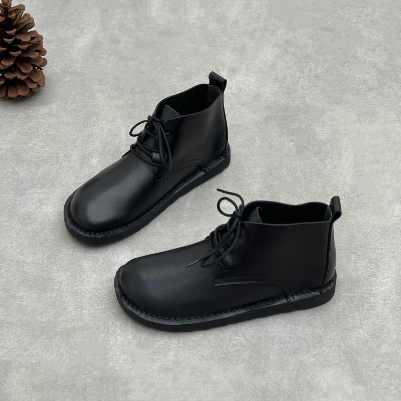 Johnature Genuine Leather Women's Shoes Soft Cowhide Round Toe Retro Soft Soled Lace-up Flat Short Boots