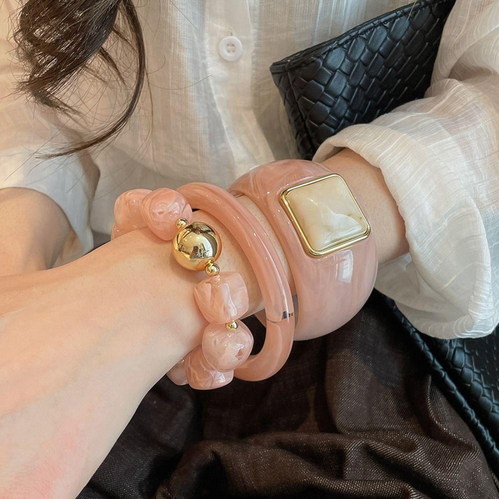 3 Pcs/Set Square Round Resin Bangle Set Resin Acrylic Geometric Wrist Jewelry For Women