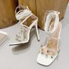 Liyke Sexy Red Ankle Strap Sandals For Women Crystal Rivet Pvc Transparent Summer High Heels Party Prom Shoes Square Toe Sandal