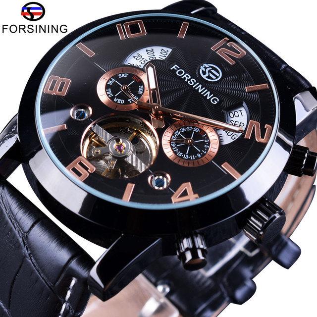 Fashion Forsining Top Brand Men's Automatic Mechanical Tourbillon Watches With Year Month Calendar Display Genuine Leather Strap