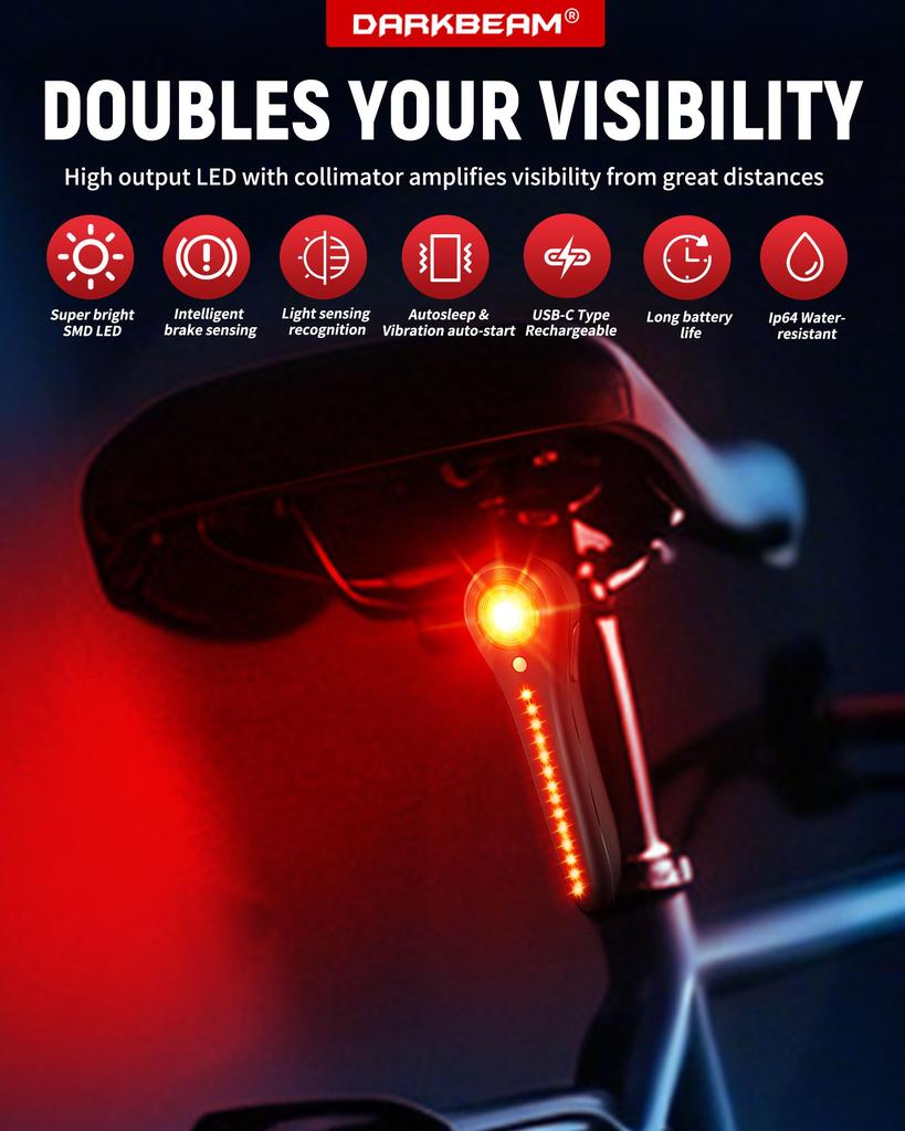 DARKBEAM Bicycle Tail Light Smart - USB-C Rechargeable with Brake/Light