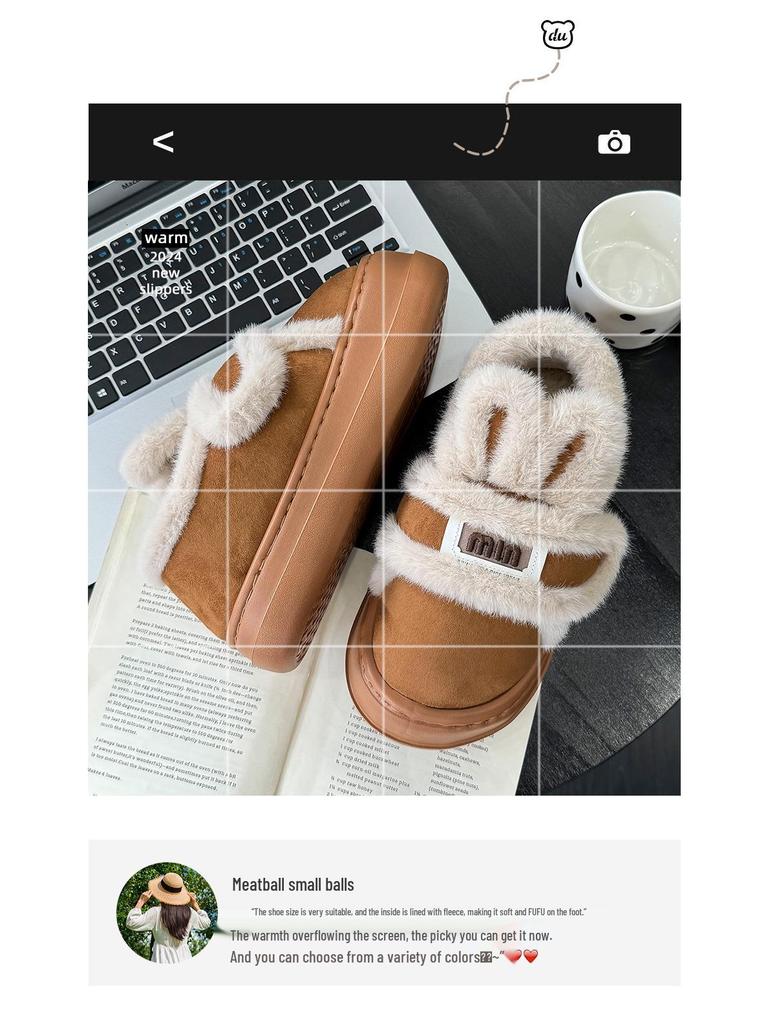 Women's Thick-Soled Plush Cotton Slippers - Closed-Heel, Warm Winter Indoor Non-Slip Shoes with Magic Tape.