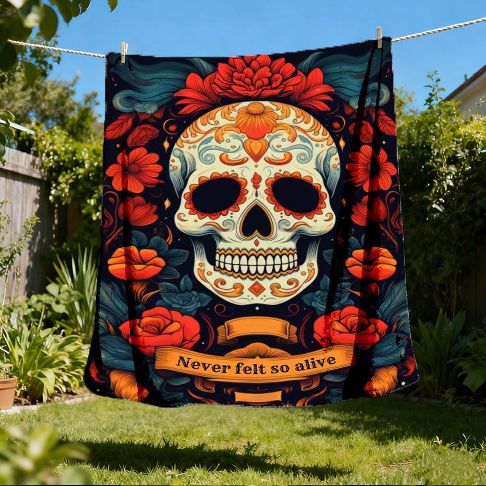 1pc Sugar Skull Decor Throw Blanket Polyester Fiber, Lightweight Flannel, Soft & Warm, All Season Use for Outdoor, Camping Digital Print