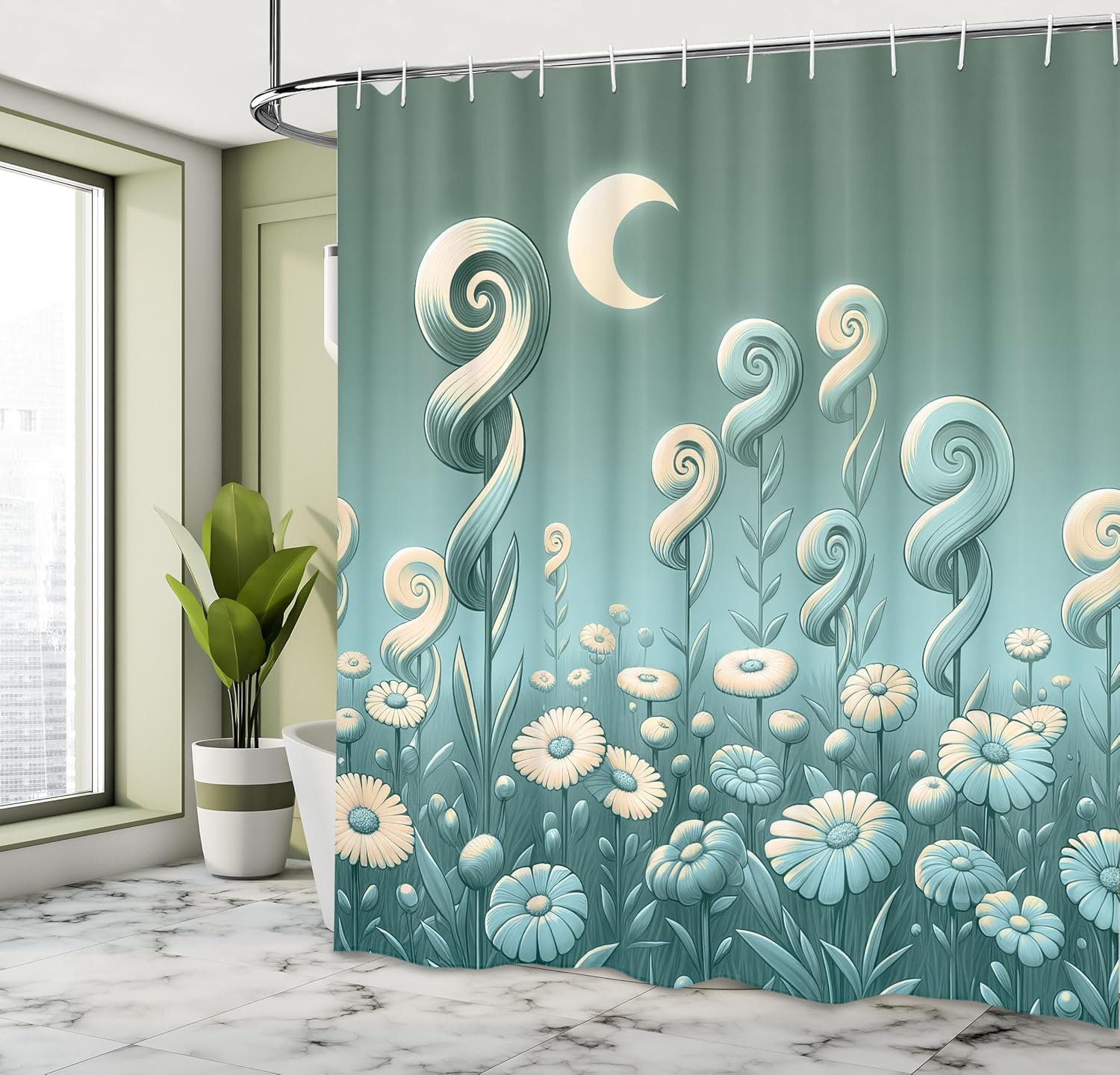 Sage Green Shower Curtain, Nocturnal Dream of Abstract Boho Feel Leafy Floral Field Art Night Garden, Cloth Fabric Bat 90x180cm