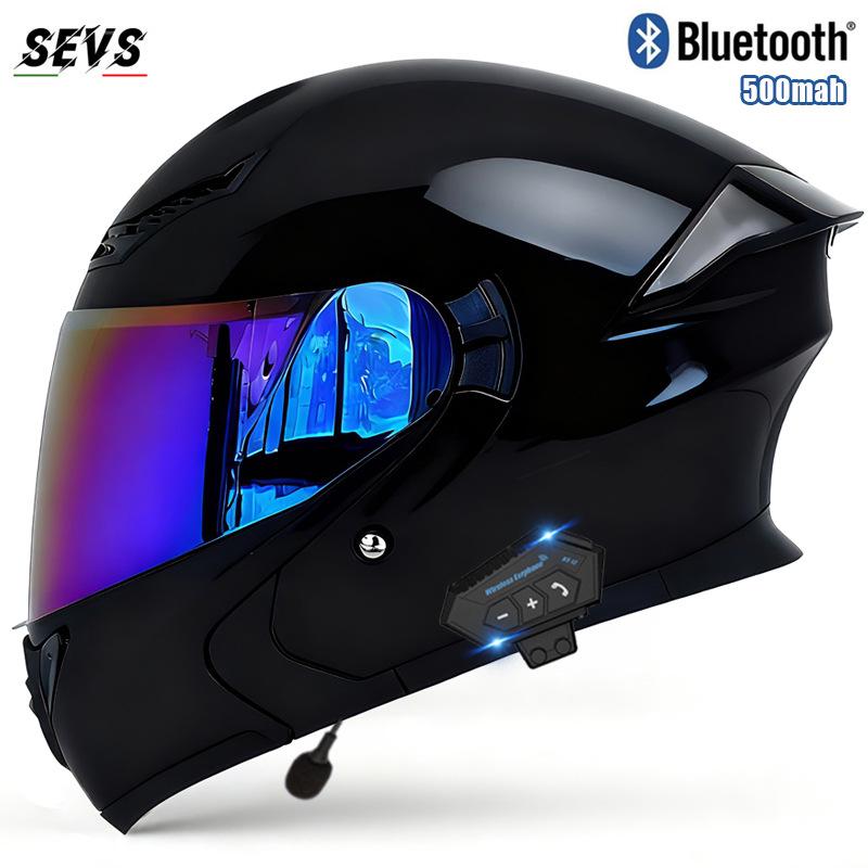 All-Season Universal Flip-up Motorcycle Helmet with Double Visor and Bluetooth Earbuds for Men and Women