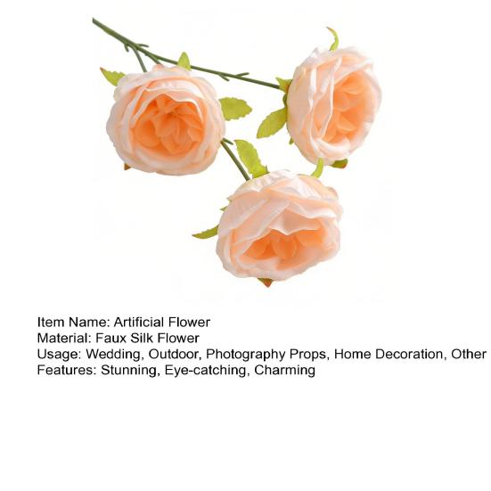 26" Artificial Rose Flower Realistic Fake Silk Rose Flower with Long Stems 3 Heads Full Blooms Faux Flower Branch for DIY Bridal Bouquet Wedding Decor