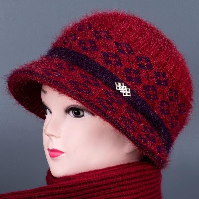 Hat Women's Autumn and Winter Fleece Big Eaves Knitted Hat Wool Hat Old Lady Thermos Hat