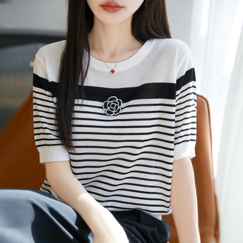 Women Knit T-shirt MODERN NEW SAGA Summer Knitted Shirt Short Sleeve Tees O-neck Patchwork Pullover Knit Tops