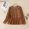 ZANZEA Women Casual Round Neck Long Sleeve Print Pleated Blouse
