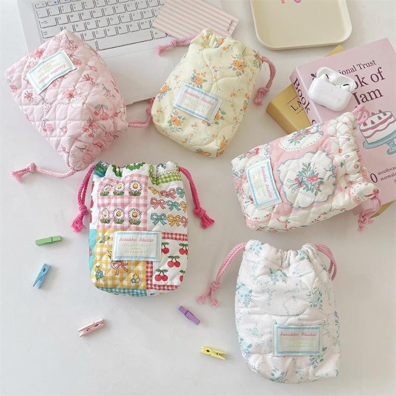 Ins Style Floral Storage Bag Drawstring Drawstring Pocket Soft Cotton Anti Fall Cosmetic Bag Sundry Storage Camera Bag