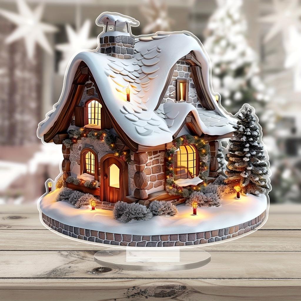 Decor de masă acrilic 2D colorat Casă de zăpadă de Crăciun Sat de familie Statuetă miniaturală Cadou cu tematică casă de sărbători