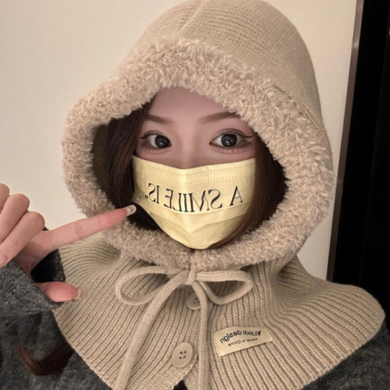 Nohai Knit Loose Fit Hooded Fur Balaclava Neck Warmer gray