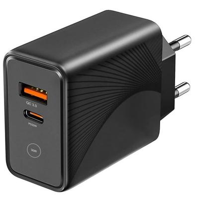 30W Fast Mains Charger - E.F.CONNECTION - 2 Ports - USB-C PD 20W - USB-A QC 3.0 - Black