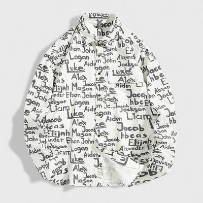 Japanisches Vintage Hemd mit Buchstabenprint für Herren, Frühling und Herbstmode, Baumwolle, Freizeit, locker, Hemd, Jacke, Mode