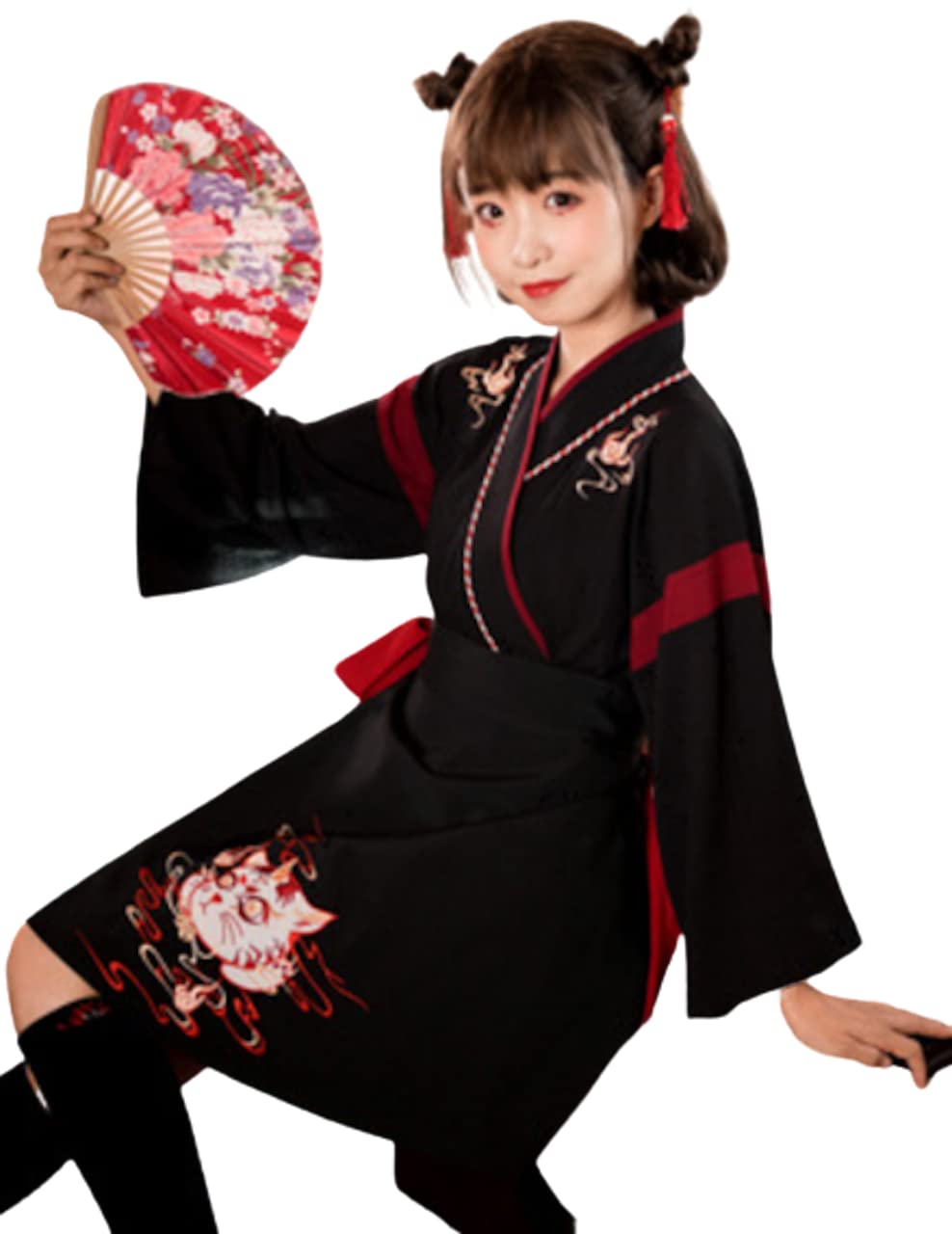 

Taisho Roman Hakama Set Short Shrine Maiden Yukata Kimono Hanfu Cosplay with Obi Nekomata Fox Above the Knee [Lady Lazy] (L, Black)