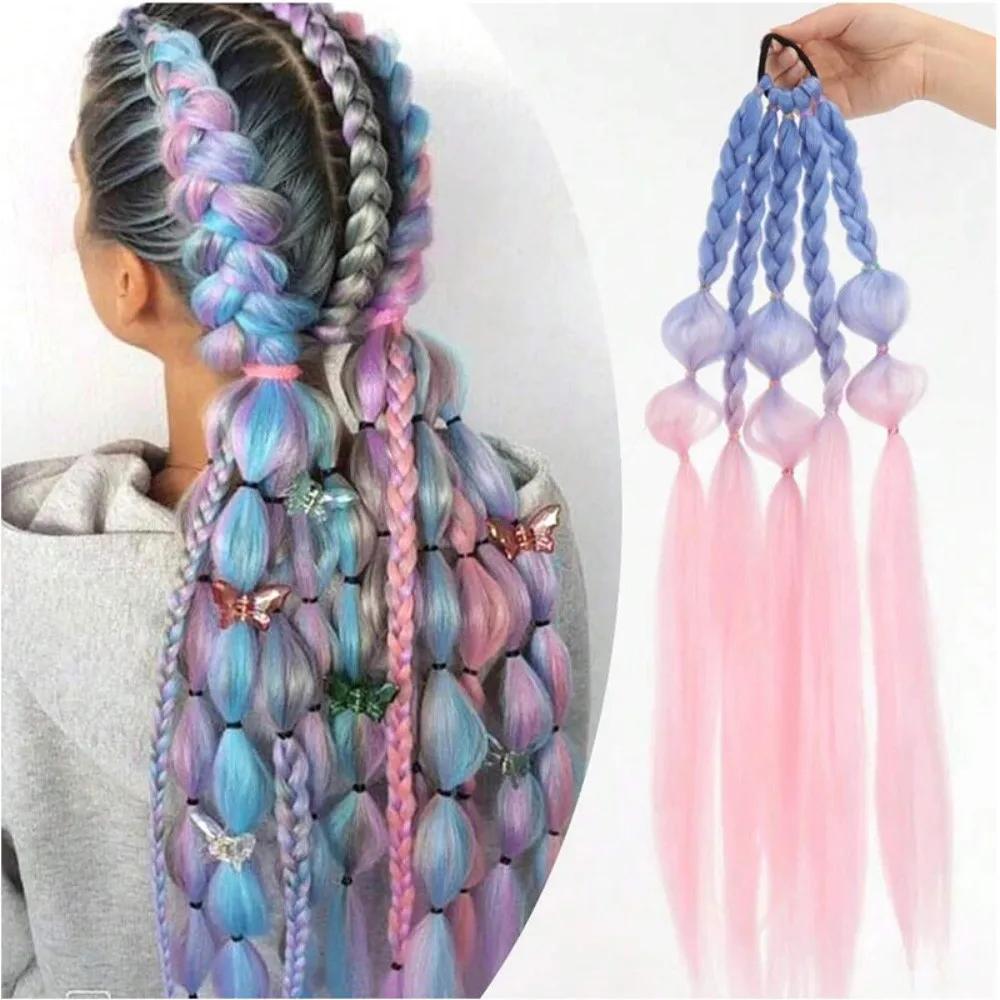 60CM Color Bubble Braid Synthetic Wig Fashion Hip-hop Color Gradient Ladies Wig Simulation Natural High Temperature Silk Hair