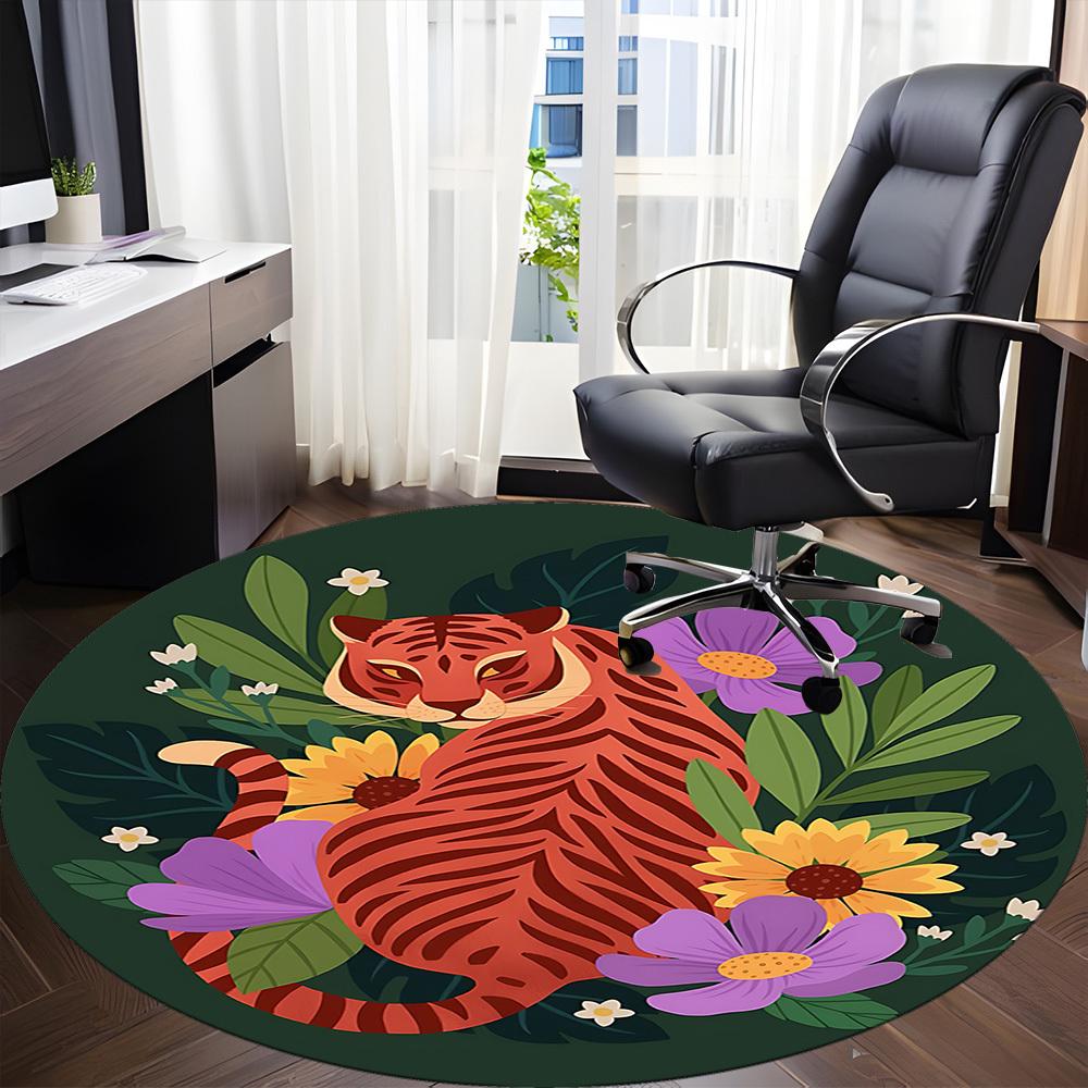 1pc Tiger Flowers Office Round Area Rug, Mat Suitable For Office, Under Office Chairs Bedroom Living Room Home Decor, Room Deco