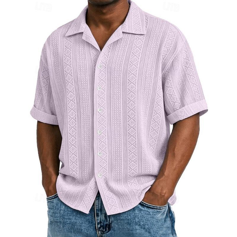 Men's Shirt Texture Button Down Shirt Jacquard Shirt Black White Light Green Navy Blue Purple Short Sleeve