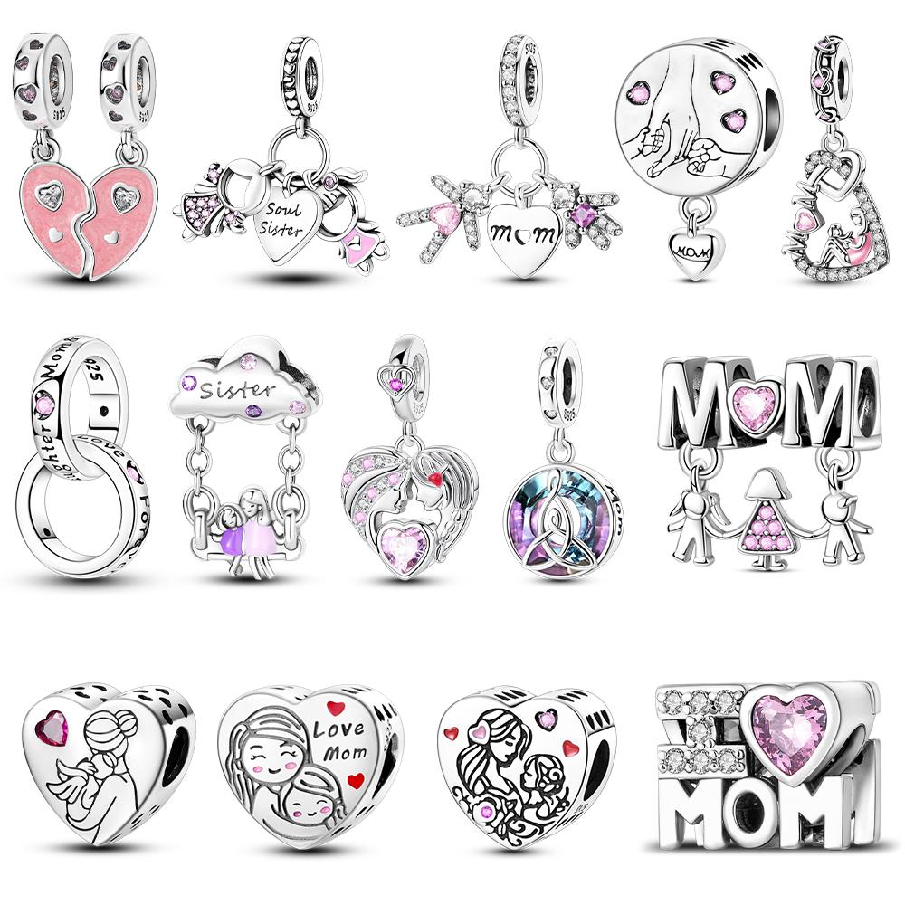 Copper Mother'S Day Charms Love Mom Family Sister Heart Beads Fit Original Bracelet Diy Women Jewelry Gift
