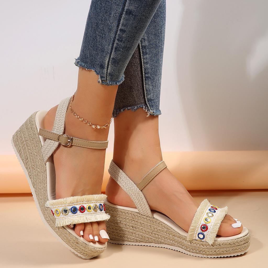 Außenhandel Übergröße Keilsandalen Jugendlich 2024 Frühling und Herbst Neu Fischmaul Hanfseilboden Ein-Wort-Schnalle Sandalen Damen