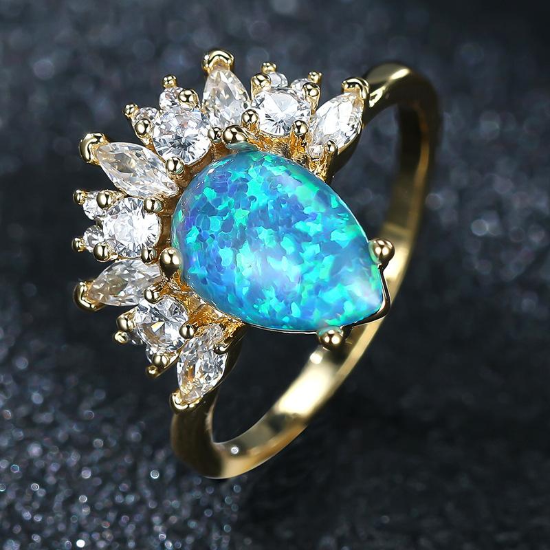 Hot Sale K Gold Water Drop Shaped Blue Opal Inlaid White Diamond Ring European and American Retro Water Drop Index Finger Ring no. 6