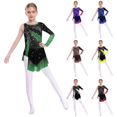 Kids Rhythmic Gymnastics Outfit - Shiny Asymmetrical Dance Dress with Round Neck & Rhinestone Decorations