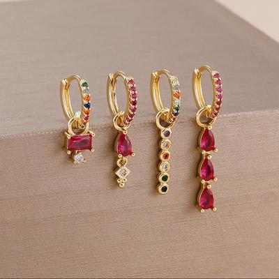 4PCS Stainless Steel Water Drop Colorful Zircon Crystal Pendant Hoop Earrings For Women French Design Wedding Jewelry Gifts