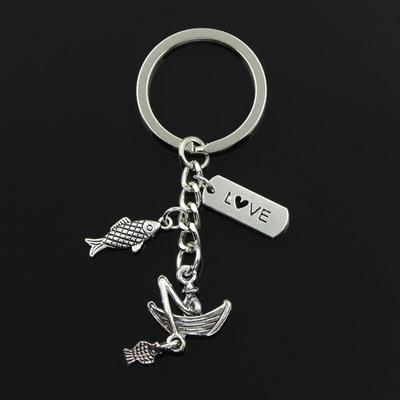 Mode 30mm Schlüsselanhänger Schlüsselanhänger Schmuck Fischer Boot Liebe Angeln Fisch Anhänger