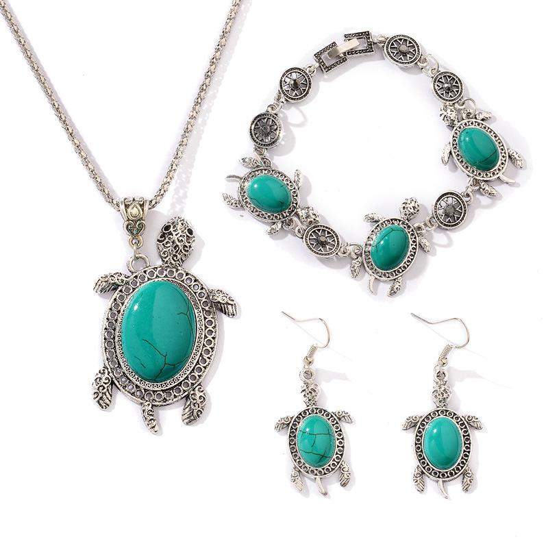 Vintage Exotic Fashionable Turquoise Turtle Necklace Set Three Pieces Bracelet Jewelry Earrings