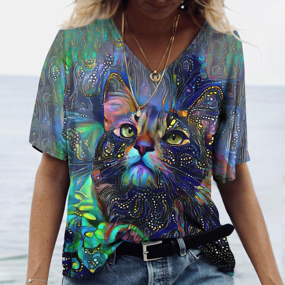 Summer V-neck 3D Cat Printed Top Fashionable Casual Short Sleeved Women's T-shirts