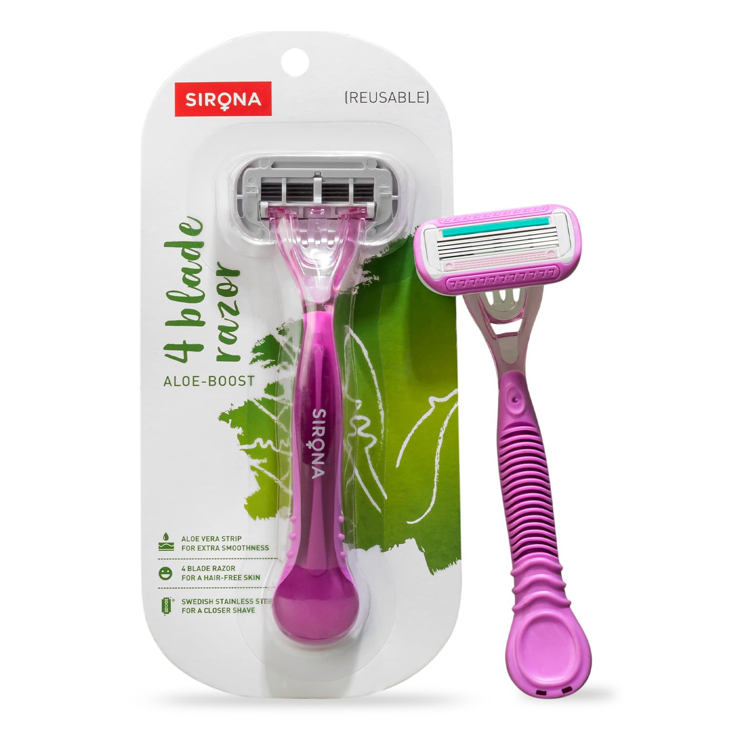 

Sirona Reusable Hair Removal Razor for Women (Pack of 1) with Aloe Boost, Shaving Razor