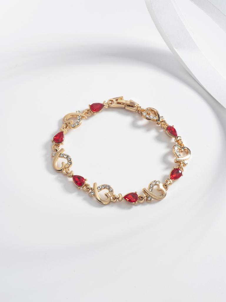 Fashion Chain Heart Bracelet for Women with Red Teardrop Gemstones and Crystal Accents Adjustable Length Elegant Design