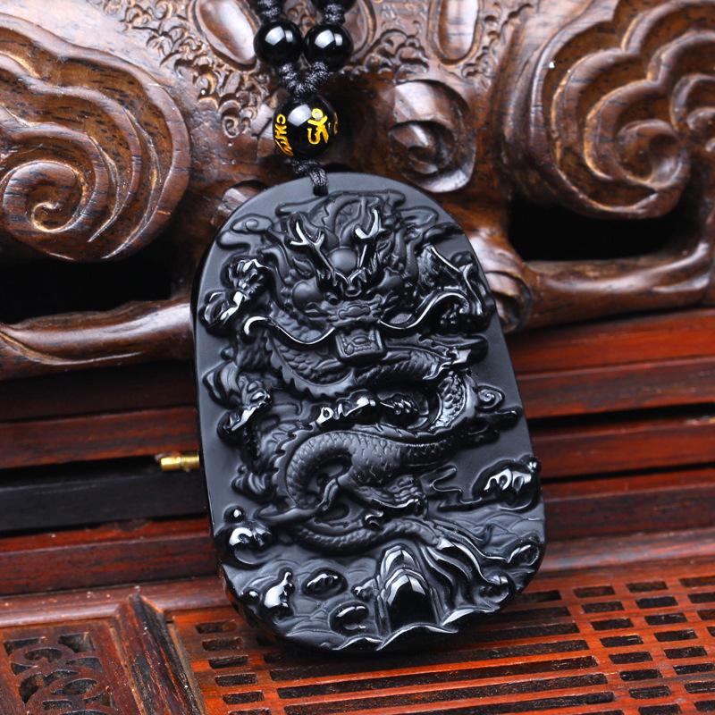 Natural Black Obsidian Chinese Dragon Pendant Jade Necklace Jewelry Amulet Lucky Mens Gift