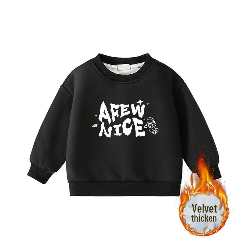 Children's Cartoon Print Velvet Lined Hoodie - Round Neck, Long Sleeve, Thickened Warm Base Layer