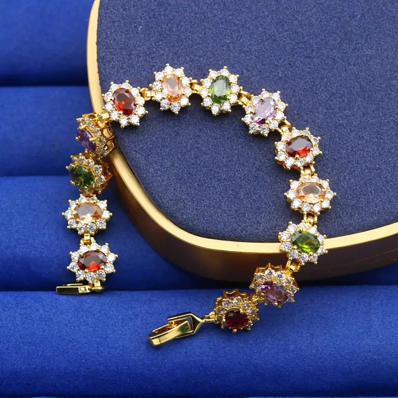 Elegant Boho-Style Multicolor Stone Bracelet Gold Plated Zirconia Jewelry For Women - Versatile For Daily Wear & Gift Giving