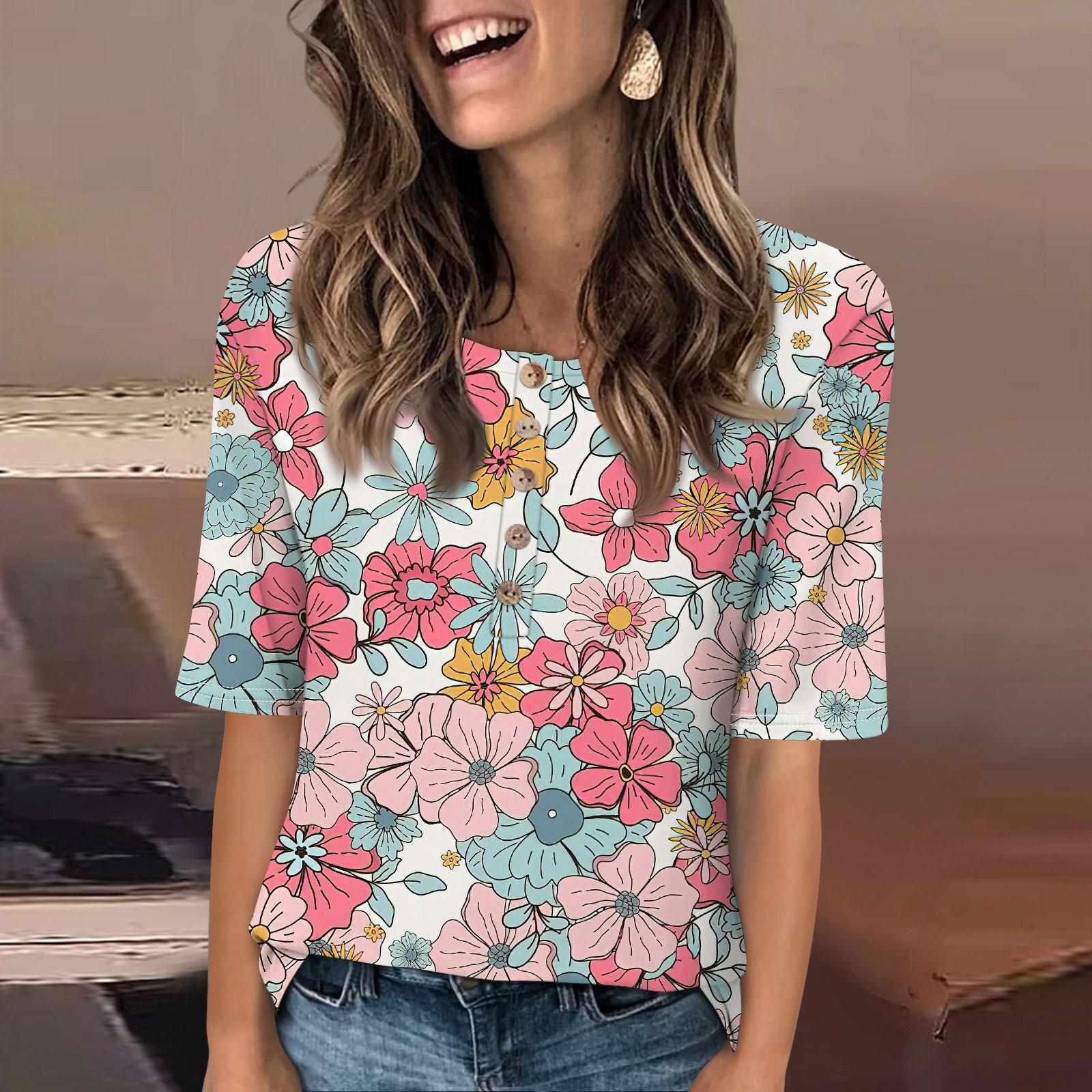 

Shirts For Women Trendy Round Neck T Shirts Casual Printed Summer Tees T Shirt Blouse Half Sleeve Tops For Women S рожевий