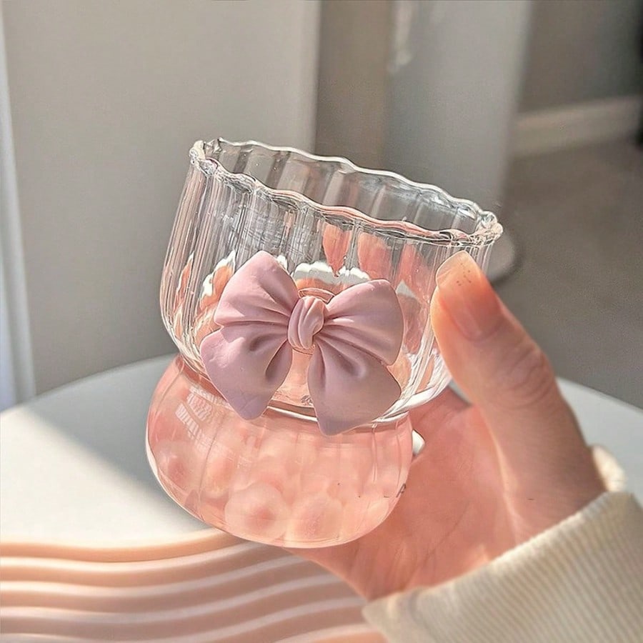 1pc Pink Glass Cup With 3D Bow Lid, Heat-Resistant Borosilicate Glass Cup For Hot & Cold Drinks, Reusable Multipurpose.