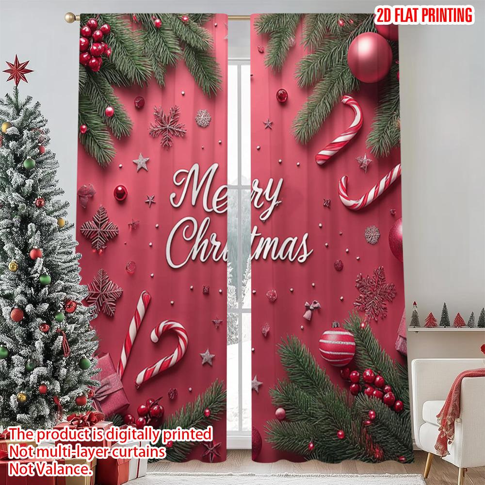 2pcs 2D flat printing Christmas Curtain Christmas candy cane Versatile Polyester Fabric Without Electricity Festive Holiday for