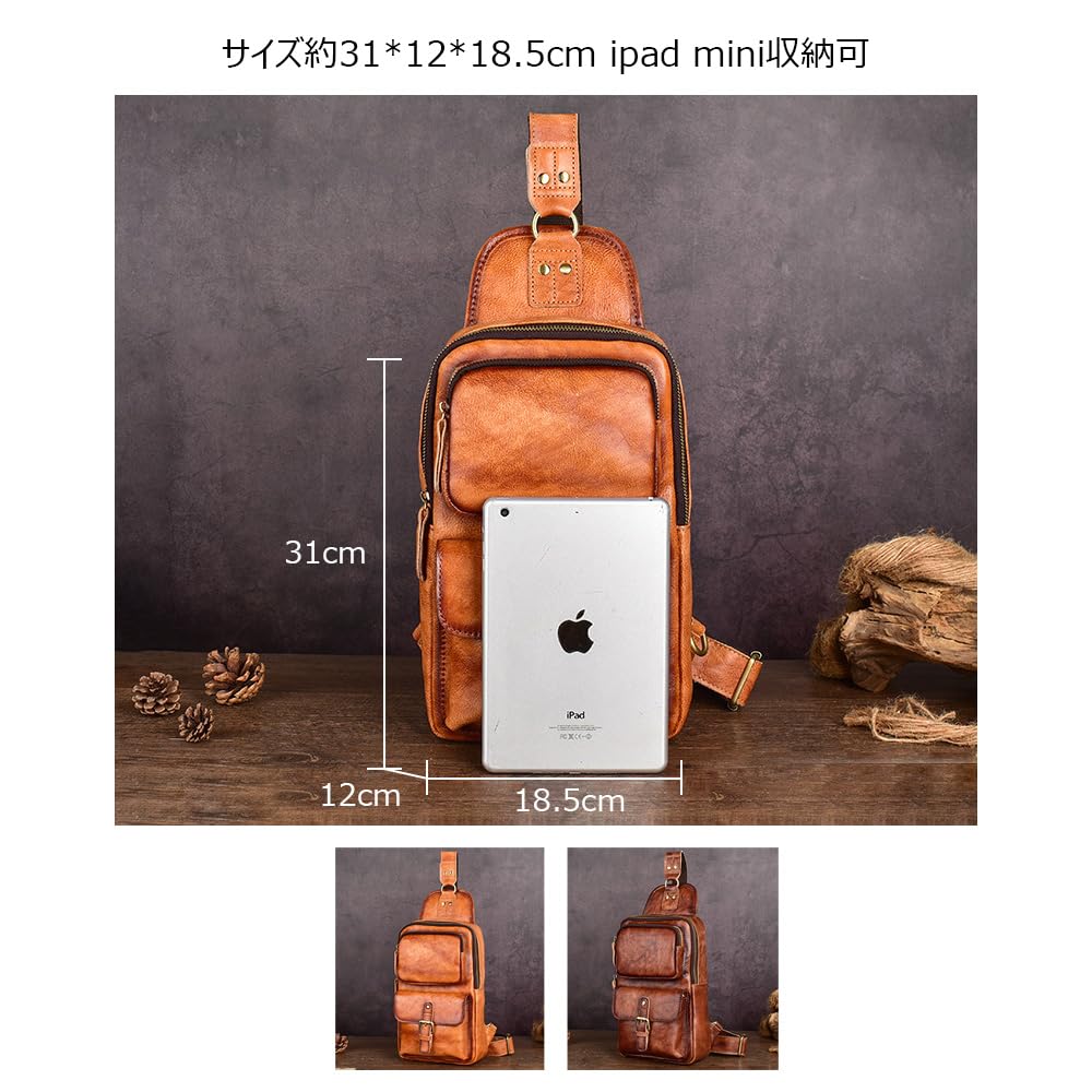 Whatna Antik-Stil Gegerbtes Natur-Rindsleder Umhängetasche Ein-Schulter-Tasche für Herren, Reversibler Riemen links oder rechts, Echtes Leder, Dick,