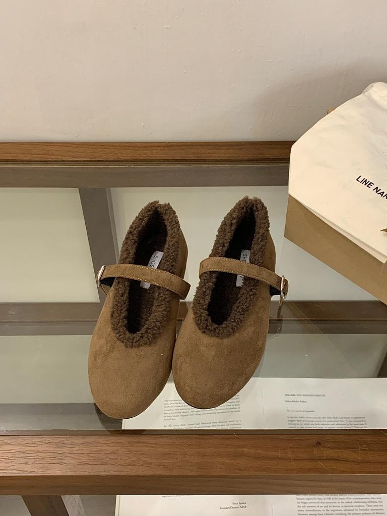 Winter plush warm fluffy shoes round head with flat bottom Mary Jane shoes women's versatile
