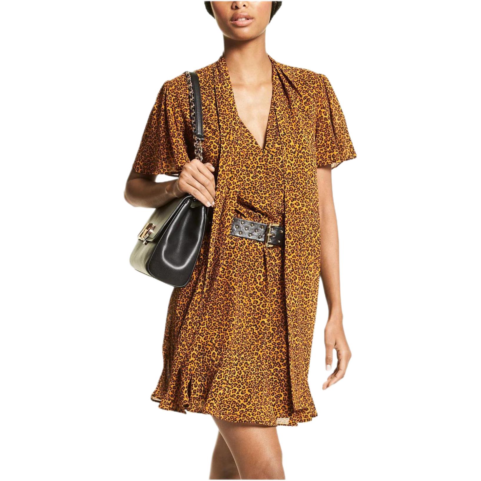 Michael Kors SS23 Animal Print Waist-Defining Short Sleeve Dress Women dresses Yellow MF2818S6S2-794 S