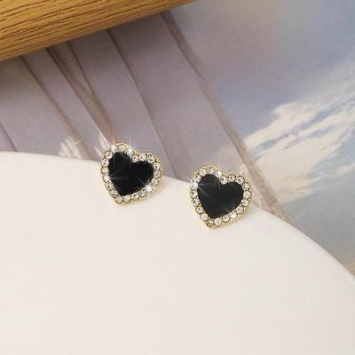 Retro Schwarzes Herz Silber Nadel Ohrringe - Elegantes Pfirsich Herz Design mit Diamanten